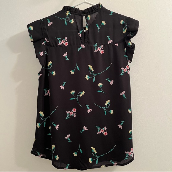 Monteau Black Floral Blouse with Ruffle Neck and Shoulder Details size S - Picture 5 of 7